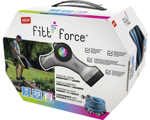 Emballage du tuyau d''arrosage Fitt Force avec informations sur la longueur, le diamètre et la garantie