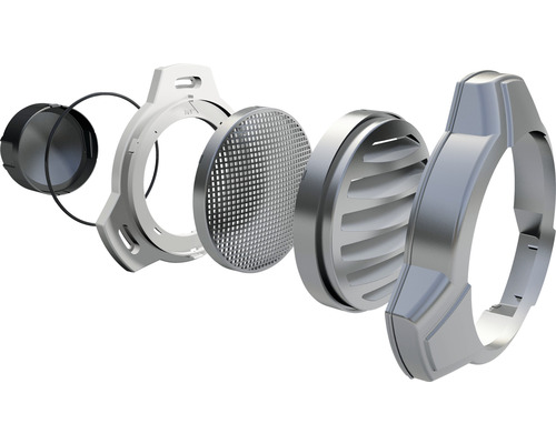 Vue éclatée d''un filtre respiratoire avec différents éléments filtrants