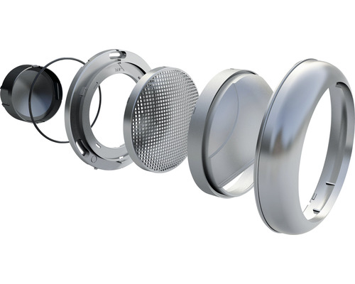 Vue éclatée d''un cadre de spot encastrable LED rond argenté