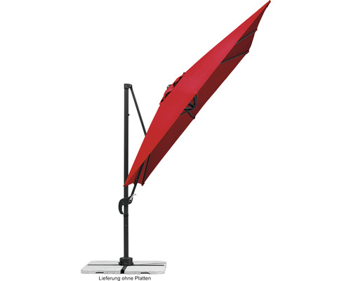 Parasol excentré rouge avec cadre en acier et support de plaque