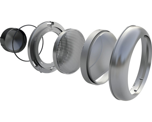 Vue éclatée d''un projecteur LED d''extérieur, comprenant le boîtier, le joint, le diffuseur et la grille