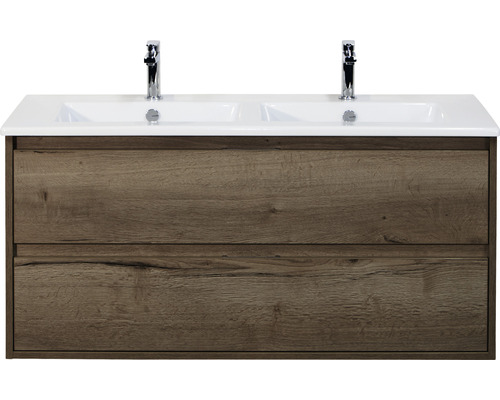 Ensemble de meubles de salle de bains Porto 120 cm céramique lavabo Slim 2 tiroirs meuble bas tabacco