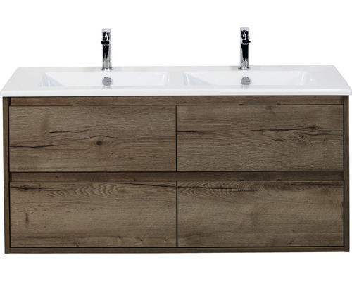 Ensemble de meubles de salle de bains Porto 120 cm céramique lavabo Slim 4 tiroirs meuble bas tabacco