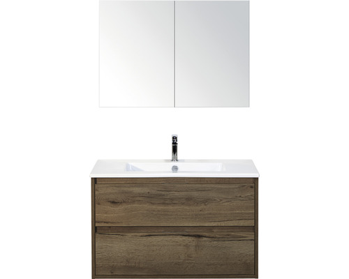 Set de meubles de salle de bains sanox Porto 90 cm tabac 3 pièces meuble bas avec lavabo en céramique et armoire à miroir