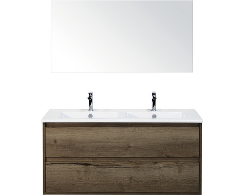 Set de meubles de salle de bains sanox Porto 120 cm tabac 3 pièces meuble bas avec lavabo double en céramique et miroir