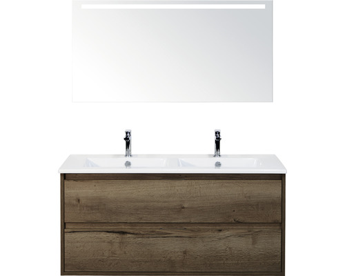 Set de meubles de salle de bains sanox Porto 120 cm tabac 3 pièces meuble bas avec lavabo double en céramique et miroir LED