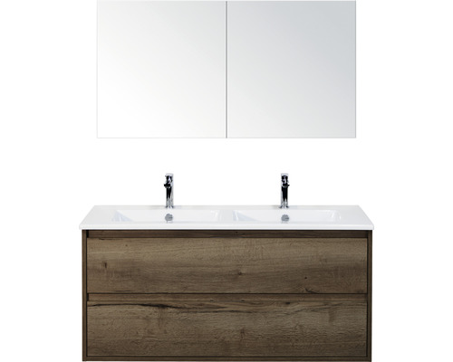 Set de meubles de salle de bains sanox Porto 120 cm tabac 3 pièces meuble bas avec lavabo double en céramique et armoire à miroir