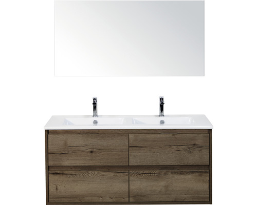 Set de meubles de salle de bains sanox Porto 120 cm tabac 3 pièces meuble bas avec lavabo double en céramique et miroir