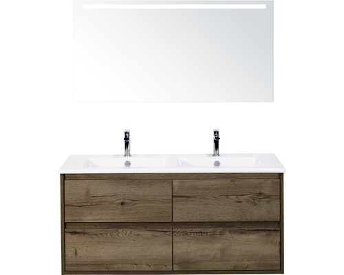 Set de meubles de salle de bains sanox Porto 120 cm tabac 3 pièces meuble bas avec lavabo double en céramique et miroir LED