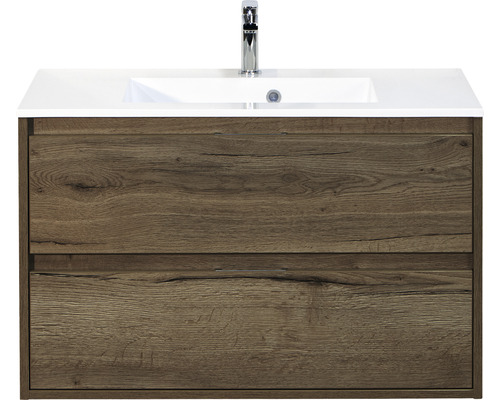 Ensemble de meubles de salle de bains Porto 90 cm pierre artificielle lavabo Plano meuble bas tabacco