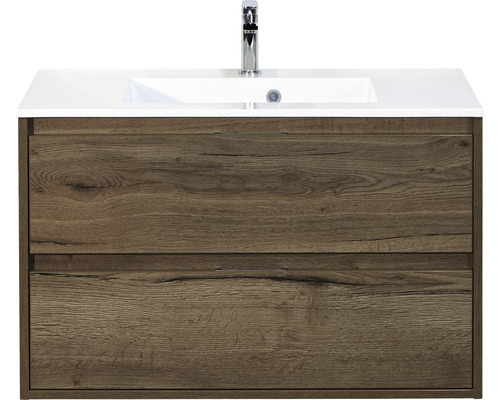 Set de meubles de salle de bains sanox Porto 90 cm tabac 2 pièces meuble bas avec lavabo en fonte minérale
