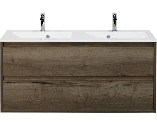 Ensemble de meubles de salle de bains Porto 120 cm pierre artificielle lavabo Plano 2 tiroirs meuble bas tabacco