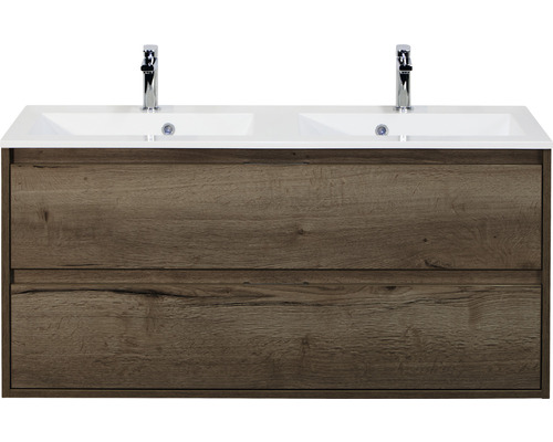 Set de meubles de salle de bains sanox Porto 120 cm tabac 2 pièces meuble bas avec lavabo double en fonte minérale