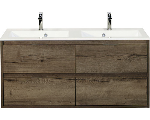 Set de meubles de salle de bains sanox Porto 120 cm tabac 2 pièces meuble bas avec lavabo double en fonte minérale