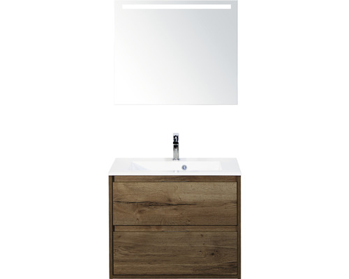 Set de meubles de salle de bains sanox Porto 70 cm tabac 3 pièces meuble bas avec lavabo en fonte minérale et miroir LED