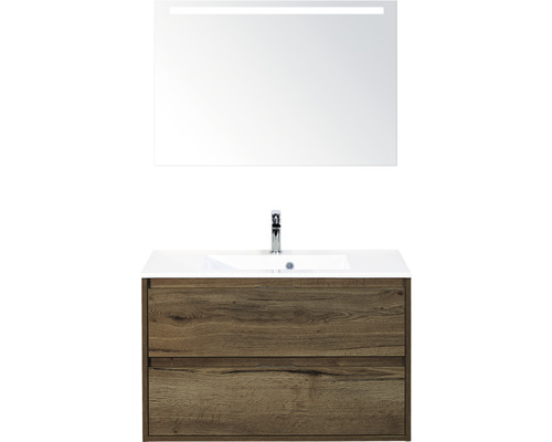 Badmöbel-Set sanox Porto 90 cm tabacco 3-teilig Unterschrank inkl. Mineralgusswaschbecken und LED-Spiegel