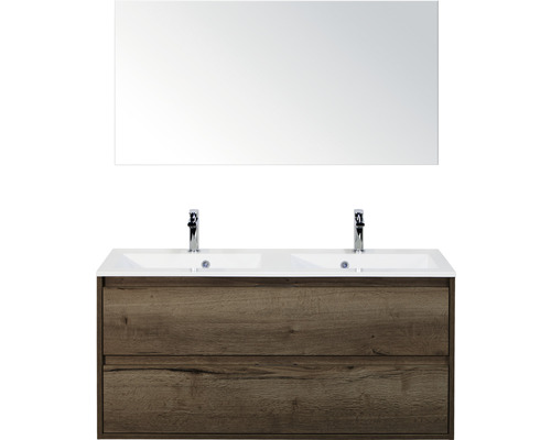 Ensemble de meubles de salle de bains Porto 120 cm 2 tiroirs pierre synthétique lavabo avec miroir tabac