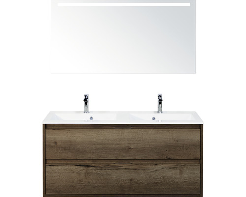 Badmöbel-Set sanox Porto 120 cm tabacco 3-teilig Unterschrank inkl. Mineralgussdoppelwaschbecken und LED-Spiegel
