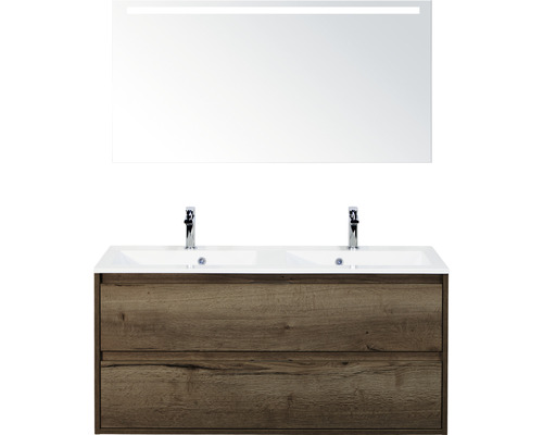 Set de meubles de salle de bains sanox Porto 120 cm tabac 3 pièces meuble avec avec lavabo double en fonte minérale et miroir LED