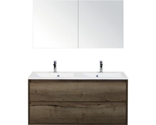 Set de meubles de salle de bains sanox Porto 120 cm tabac 3 pièces meuble bas avec lavabo double en fonte minérale et armoire à miroir