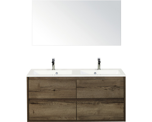 Set de meubles de salle de bains sanox Porto 120 cm tabac 3 pièces meuble bas avec lavabo double en fonte minérale et miroir