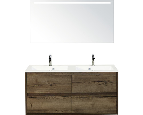 Set de meubles de salle de bains sanox Porto 120 cm tabac 3 pièces meuble avec avec lavabo double en fonte minérale et miroir LED