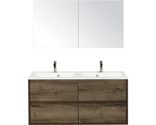 Set de meubles de salle de bains sanox Porto 120 cm tabac 3 pièces meuble bas avec lavabo double en fonte minérale et armoire à miroir