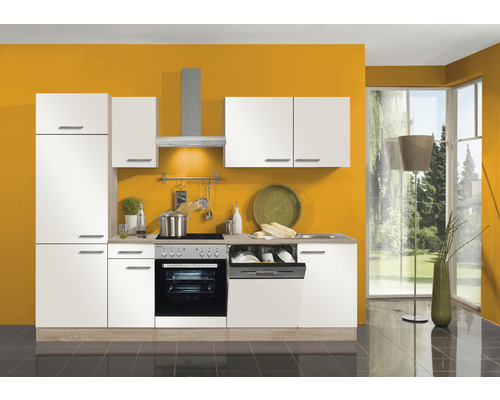 Cuisine moderne avec appareils intégrés et façades claires devant un mur coloré