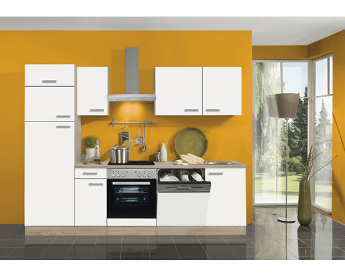 Cuisine claire avec armoires blanches, évier, cuisinière et lave-vaisselle devant un mur coloré.