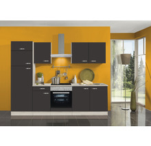 Cuisine complète avec éléments hauts et bas et hotte aspirante.