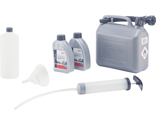 AL-KO Kit de démarrage pour tondeuse à essence Jeu de jerricans avec deux bouteilles d''huile, entonnoir, pompe d''extraction d''huile et bouteille de stockage