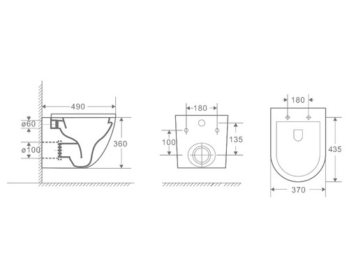 Technische Zeichnung eines wandhängenden WCs mit Maßangaben