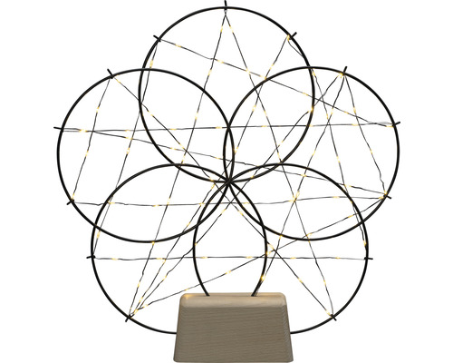 Dekorative Lichtskulptur mit fünf Kreisen und LED-Lichtern auf einem Holzsockel