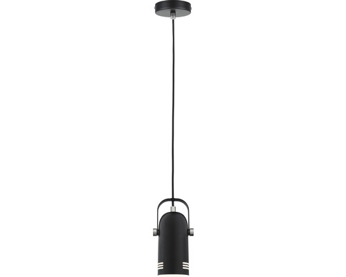 Schwarze Pendelleuchte mit zylindrischem Lampenschirm.