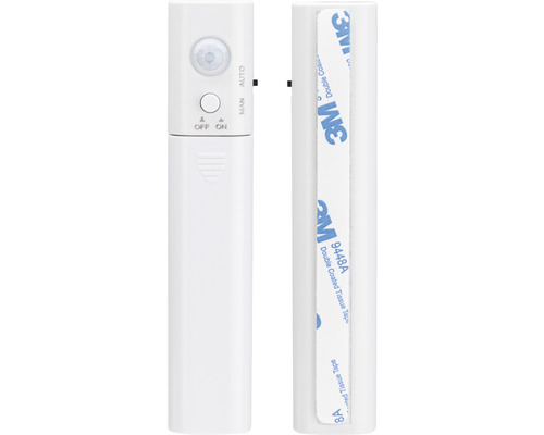 Zwei Ansichten einer weissen LED-Lampe mit Bewegungsmelder und Klebestreifen
