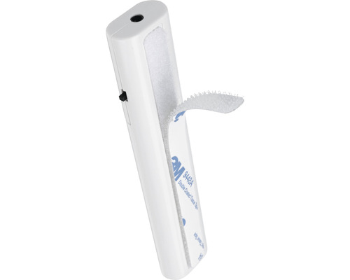 Weisser Tür- und Fensteralarm mit Klebestreifen zur Befestigung.