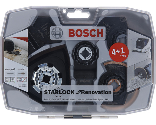 Set de rénovation Bosch Starlock avec différentes lames de scie et meules dans un emballage transparent