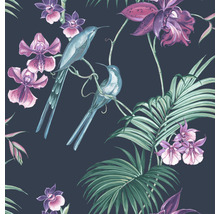 Tapete mit Vogel-, Orchideen- und Palmenmuster