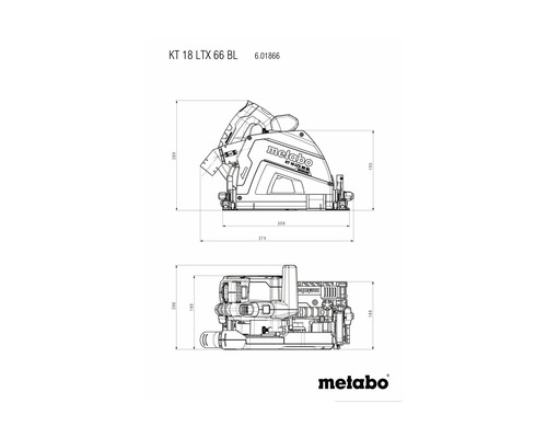 Schéma technique de la scie circulaire plongeante Metabo KT 18 LTX 66 BL avec indications de dimensions
