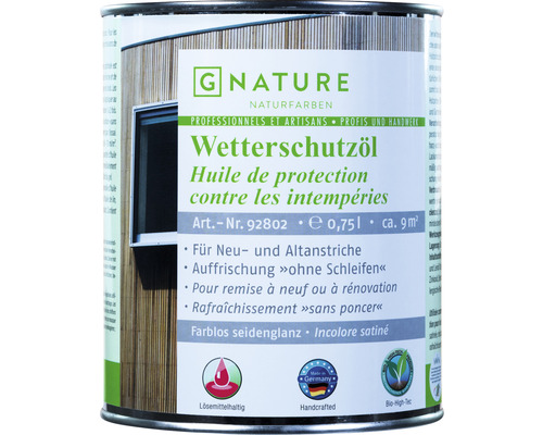 G-NATURE Lasure Huile pour bois incolore Extérieur 750 ml Huile de protection incolore pour l''extérieur en bidon de 0,75 litre