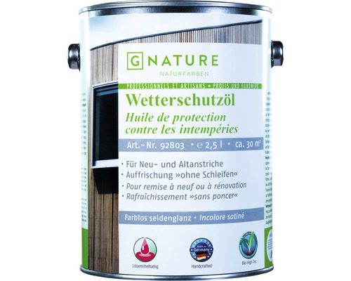 G-NATURE Lasure Huile pour bois incolore Extérieur 2,5 l Huile de protection contre les intempéries G Nature en bidon de 2,5 litres