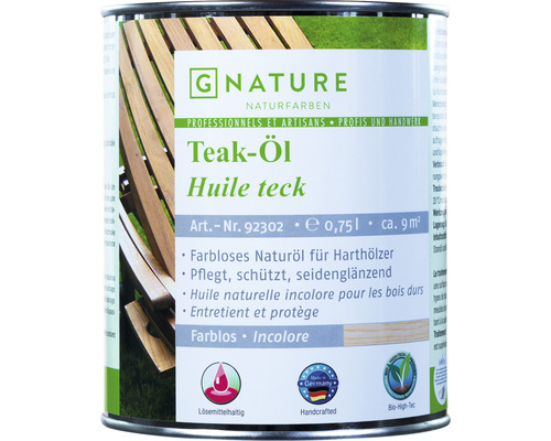 G-NATURE Huile pour bois incolore Extérieur 750 ml Boîte d''huile de teck pour bois dur de G Nature Naturfarben