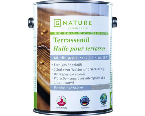 G-NATURE Huile pour bois incolore Extérieur 2,5 l Huile pour terrasse en bidon de 2,5 litres de G Nature Naturfarben.
