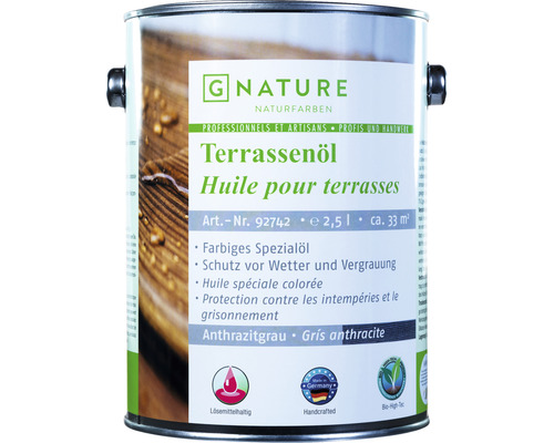 G-NATURE Huile pour bois anthracite Extérieur 2,5 l Boîte d''huile pour terrasse gris anthracite