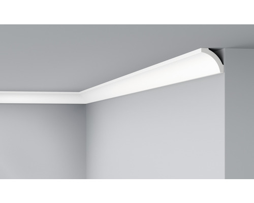 Moulure de plafond pack pro D20, 6 x 2 m, 50 x 50 mm Angle de pièce avec moulure décorative blanche installée