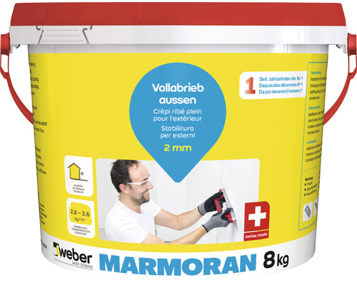 Crépi ribé weber Marmoran extérieur 2 mm blanc 8 kg Seau d''enduit extérieur, grain 2 mm, 8 kg