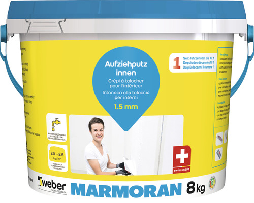 Crépi silicone weber Marmoran intérieur 1,5 mm blanc 8 kg Weber Marmoran crépi à talocher pour intérieur en seau de 8 kilogrammes