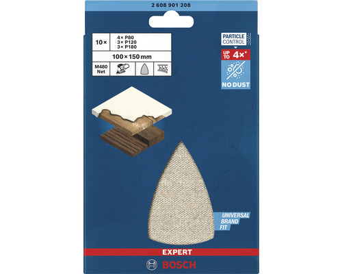 Feuilles abrasives Bosch Expert M480 Net, 10 pièces, grain P80, P120 et P180, dimension 100x150 millimètres