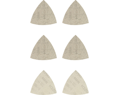 Bosch Feuille abrasive pour ponceuse triangulaire delta, 93x93x93 mm, grain 80/120/180, non perforé, 6 pièces