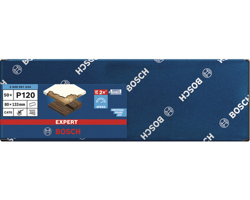 Feuilles abrasives Bosch Expert, grain P120, 80 x 133 mm, 50 pièces